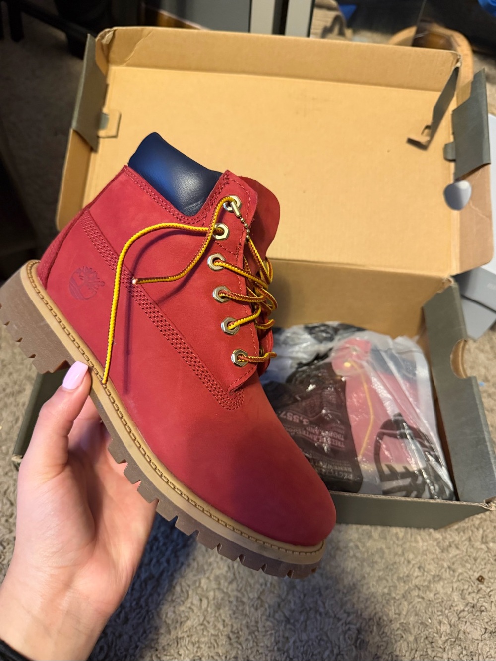 Timberland kids Red Premium Leather Boot with Contrast Collar